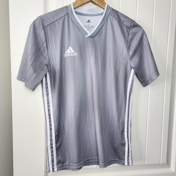 Adidas Youth V Neck Heather Gray Trio Stripe Short Sleeve Jersey Size L - Picture 1 of 3